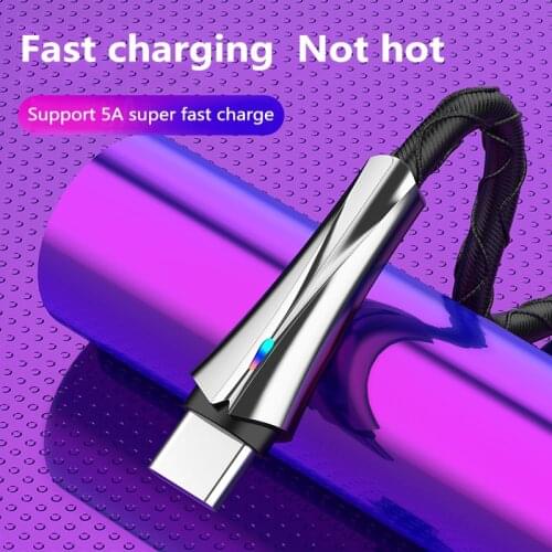 Zinc Alloy Fast Charging Cable 5A Nylon Mobile Phone Cables With Breathing Light Type C Transmission Data Cables