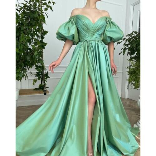 Cocomelody Strapless Long Pleat Evening Dresses 2021 Sexy Side Split Puffy Sleeve Robe De Soiree Satin Wish Sash Vestidos Fiesta