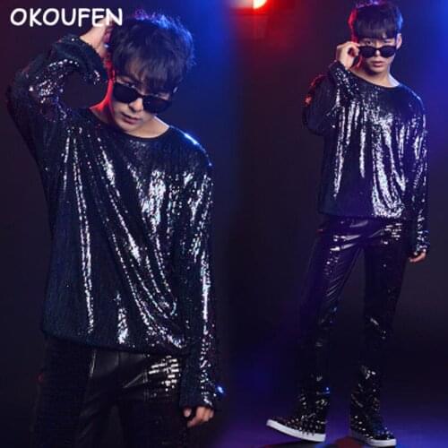 2018 New Mens Personality Sequins Long Sleeve T-Shirt Nightclub Bar Singer DJ Concert Pop Stage Costume