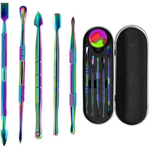 HLZS-6 Pcs Wax Carving Tool Set, Stainless Steel Double-Sized Tools with Silicone Container Jar and Metal Case, Rainbow Color