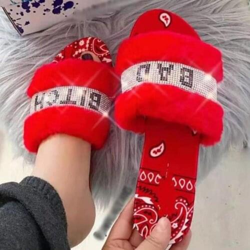 2021 Spring/summer new Womens Warm Slipper Rhinestone letters Shoes Woman Female Shoe Rhinestone Decor Fluffy Slippers