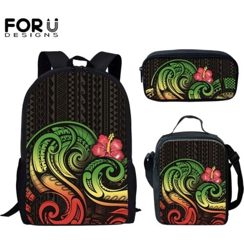 FORUDESIGNS Reggae Color Polynesian Hibiscus Print 3pcs Backpack Set For Teens College Student School Bags Mochila Infantil