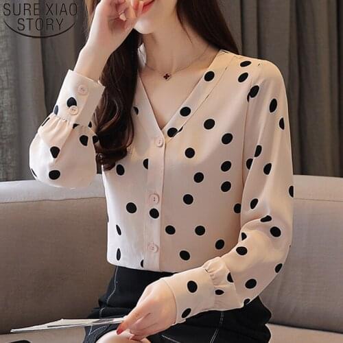 Chiffon Shirts Women Dot Print Blouse Office Lady Long Sleeve V-neck Tops Button Cardigan Autumn 2021 Clothes Blusas Mujer 10781