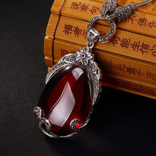 MetJakt Vintage 925 Sterling Silver Garnet Pendant for Sweater Chain & Natural Garnet Pendant Necklace with Zircon for Women