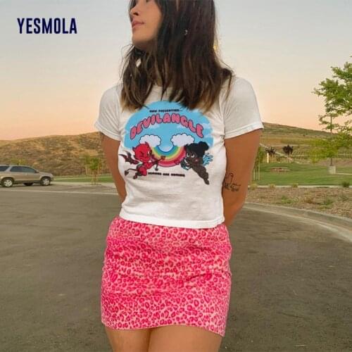 YESMOLA Y2k Women T-shirt Angel Devil Print Slim Fit Short Sleeve Fashion Personality Vintage 90s Harajuku Slim Vest Top