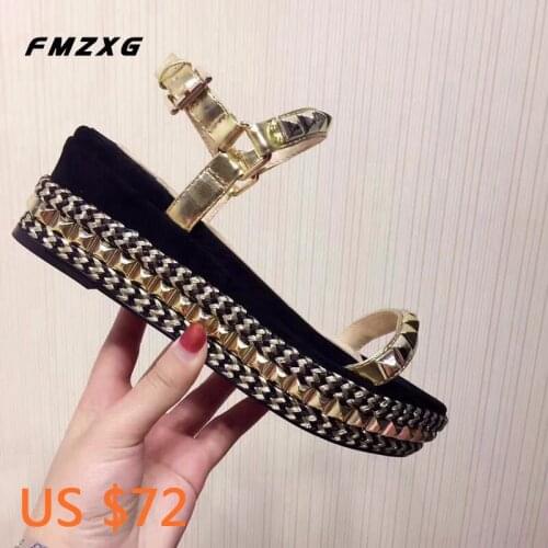 FMZXG Sandalias Mujer 2018 Fashion Rivet Flat With Summer Shoe Real Leather Wedges Shoes For Women Platform Buckle Strap Sandals