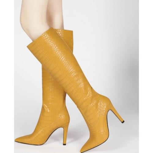 2021 Ladies Slip On Loose Knee High Boots Spring Autumn Fashion Stone Pattern Long Boots Winter Stiletto High Heel Womens Shoes