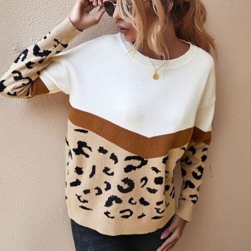 Women Autumn Winter Leopard Knitted Sweater Casual Long Sleeve Pullover Tunic Tops Round Neck Streetwear