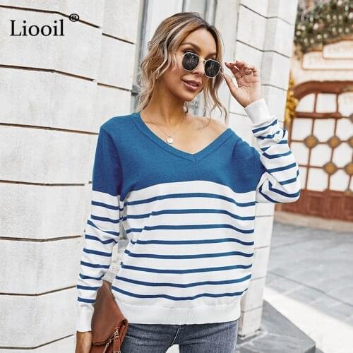 Liooil Striped Patchwork Knit Sweater Women 2020 Color Block Long Sleeve V Neck Female Autumn Winter Clothing Casual Pullovers