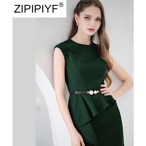 Dark Green Ruffles Design Elegant Lady Dress Female 2020 Summer New Temperament Women Sleeveless Dress C089