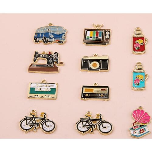 10pcs Retro bus bicycle sewing machine gramophone Charms Metal Pendant Golden Color Earring DIY Fashion Jewelry Accessories