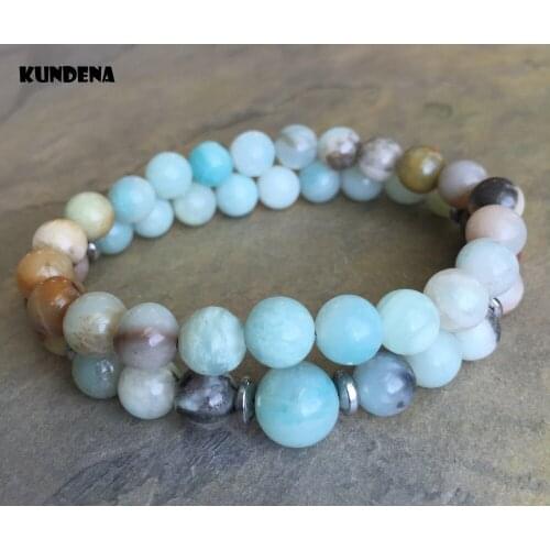 8mm / 10mm 2 Pc Set Amazonite Hematite Bracelet Elastic Stretchy Bracelet Meditation Mala Yoga Wrist Bracelets Couple Bracelet