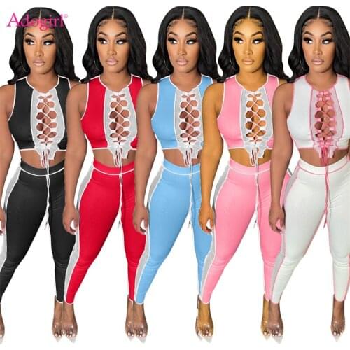 Adogirl Sheer Mesh Patchwork Knitting Ribbed Two Piece Set Lace Up Sleeveless Crop Top Pencil Pants Women Fashion Tracksuit