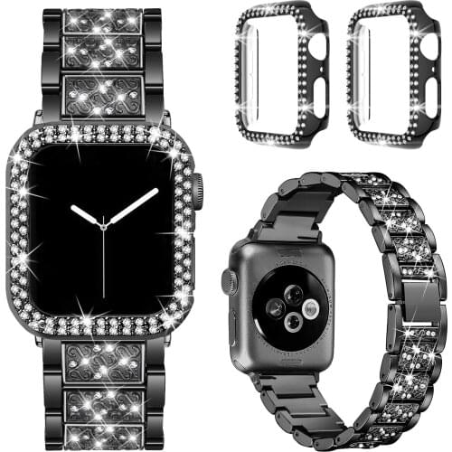 Diamond Case+Strap For Apple Watch Band 42mm 38mm 40mm 44mm Women Metal Stainless Steel Bracelet for iwatch series SE 6 5 4 3 2