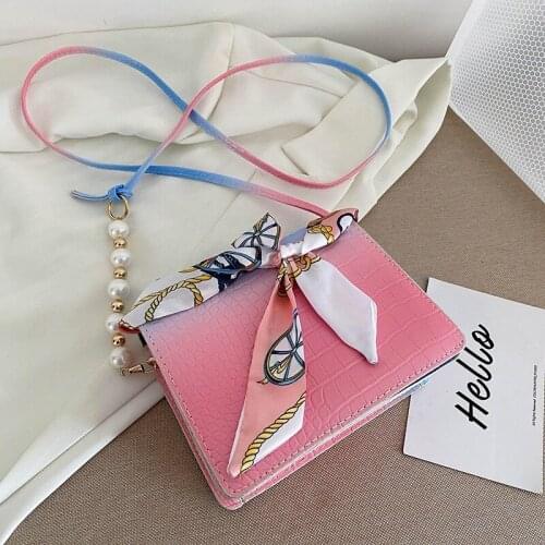 THREEPEAS Womens Brand Gradient Color Alligator Pattern Shoulder Crossbody Bag Scarf Pearl Female Mini Purses and Handbag