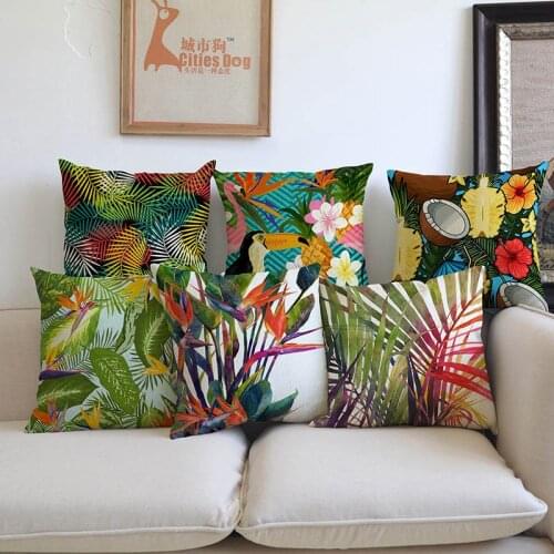 Nordic Style Tropical Green Plant Leaves Toucan Parrot Linen Throw Pillow Case Home Office Sofa Decorative Cushion Cover 45x45cm