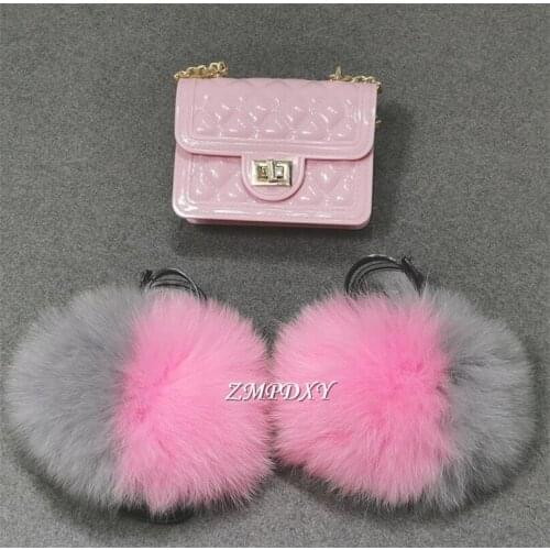 Toddler Warm Slippers Kids Cute Fur Slides with Candy Color Jelly Bags Fluffy Fur Sandals Flat Slides Chain Purse Girls Slippers