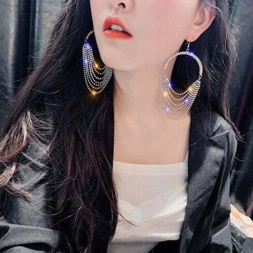 European Long Tassel Crystal Drop Earrings Exaggeration Gold Silver Color Rhinestone Earrings for Women Bar Party Jewelry