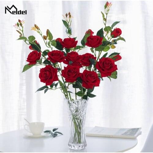 High Quality Artificial Flowers 95CM 3 Heads Rose Branch for Wedding Home Party Decor Meldel Vivid Silk Flowers Bridal Bouquet