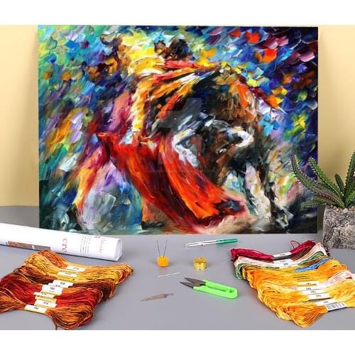 Oil Painting Style Corrida Printed Water-Soluble Canvas 11CT Cross Stitch Embroidery Set DMC Threads Sewing work Decor
