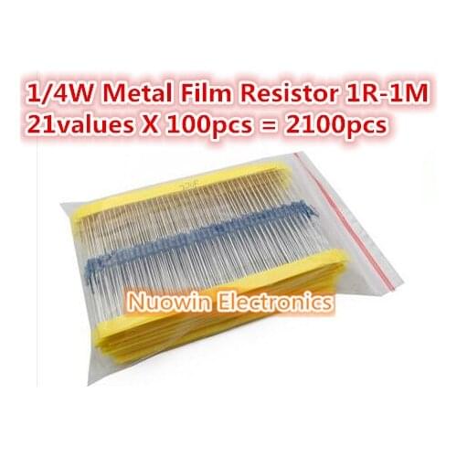 Total 2100pcs 1/4W Metal Film Resistor Assorted Kit 21 Values 1 Ohm~1M Ohm 100pcs Each value Good quality