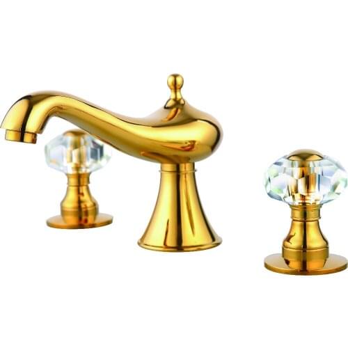 Free shipping Gold PVD 3 HOLES widespread bathroom Lavatory Sink faucet WITH CRYSTAL HANDLES