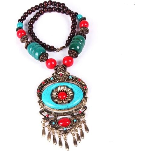MIQIAO Silver Plated Color Stone Turquoise Tassel Pendant Turkish Indian Boho Retro Chain Necklace for Women Couple Friends Gift
