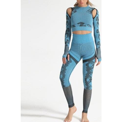 Fashion Long Sleeve T Shirt Fitness Yoga Tights Pants Sexy Hollow Navel Exposed Women Printing Sports Suit