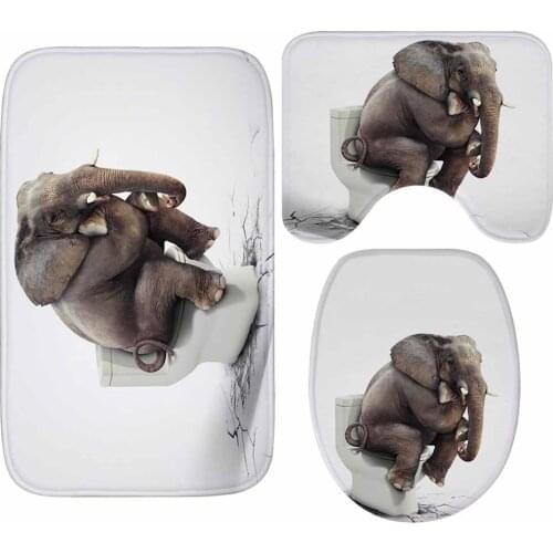 Zeegle Elephant Pattern 3Pcs Bathroom Carpets Set Anti-slip Toilet Bath Mats Set Shower Mats Bathroom Mat Lid Toilet Cover