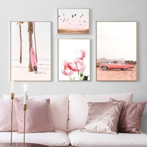 Pink Beach Car Fire Balloon Tulip Flower Wall Art Canvas Painting Nordic Posters And Prints Wall Pictures For Living Room Decor