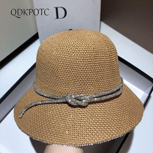 2021 Autumn New Hat Women Flax Crochet Bucket Hat Japanese Fashion Rhinestone Belt Outdoor Shading Collapsible Basin Cap QDKPOTC