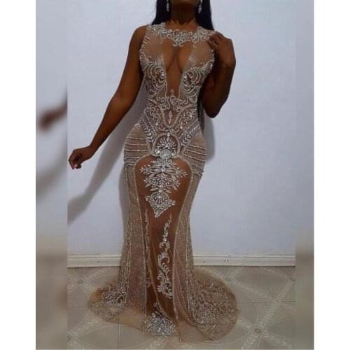 Champagne prom dresses sequins crystal beading mermaid illusion evening dresses gowns