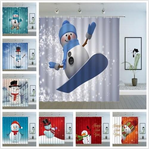 Happy Christmas Shower Curtains Funny Cartoon Snowman Ski Winter Snow Scene New Year Holiday Xmas Kids Bath Decor Cloth Curtain
