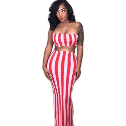 Sexy Strapless Two Piece Dress Set Women Sleeveless Off Shoulder Crop Top and Skirt Striped Print Bodycon Celebrity Party Dress