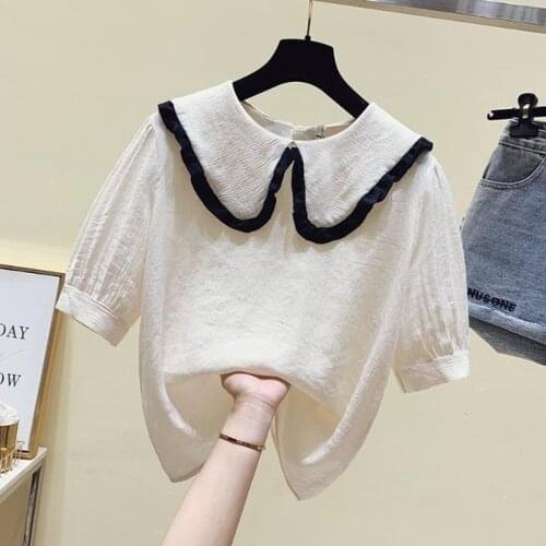 Sweet doll collar short-sleeved chiffon shirt blouse for age reduction high-end cover belly