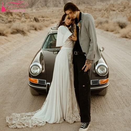 Chiffon Lace A Line Wedding Dresses V-Neck Bohemian Bridal Gowns Flare Sleeve Elegant Vestido De Noivas ZW472