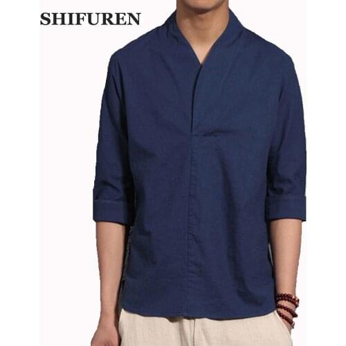 SHIFUREN New Spring Summer Causal Men Cotton Linen Shirts Retro Chinese Tradition Social Shirts Breathable Male Tops 3/4 Sleeve