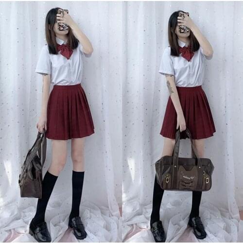 DARK RED Skirts School Uniform Suit Jk Girl Lolita tartan plaid Skirt School A Word Lattice Pleated Skirt shirt bow suit