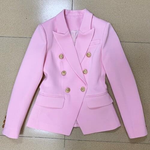 EXCELLENT QUALITY 2021 Baroque Designer Women Blazer Jacket Pink Slim Fitting Metal Lion Buttons Double Breasted Career Blazer