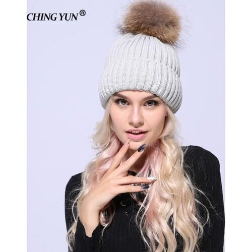 CHINGYUN knitted Hat Women Brand High Quality Winter Ball Ski Rabbit Fur Hat PomPoms Hats Winter Knitting pompom Beanies Cap