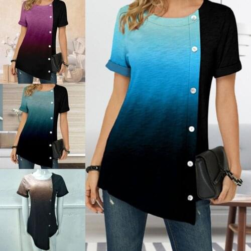 T-Shirt Short Sleeve Gradient Color Cotton Blend Irregularity Hem Women Top for Daily Wear