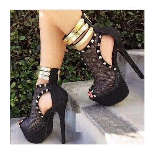 GOOLORON Womens sandals rivet decorated elegant black mesh cloth zipper 16 cm high heel sandals, summer large size womens shoe