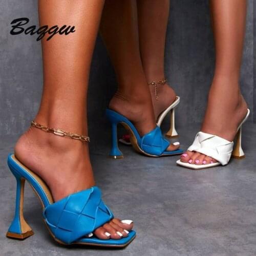2021 New Women Weave Vamp Slippers Summer Fashion Sexy Square Toe Glass Heel High-heeled Shopping Party Ladies Sandals Pumps