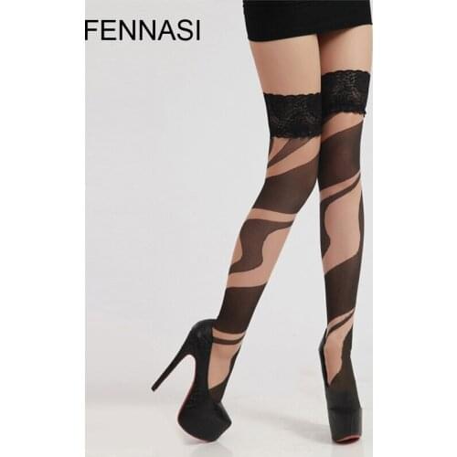 FENNASI Stripes Women Stockings Lace Top Sexy Pantyhose Thigh High Stockings Over Knee Female Erotic Hosiery Lace Silicone Slip
