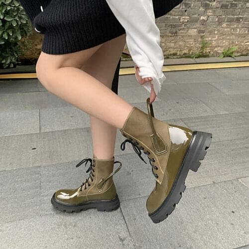 Women Motorcycle Boots Wedges Flat Shoes Woman High Heel Platform PU Leather Boots Lace Up Women Shoes Black Boots Girls