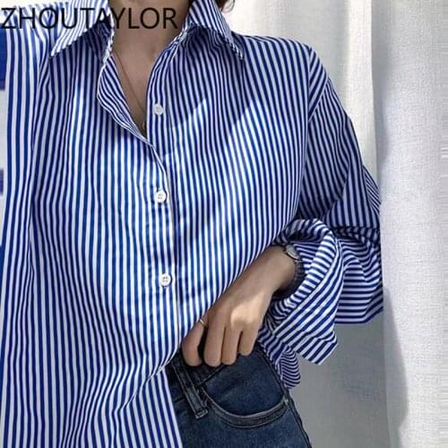 ZHOUTAYLOR Women Shirts Turn-down Collar Full Sleeve Blouses Femme Straight Single Breasted Office Lady Autumn Tops Female