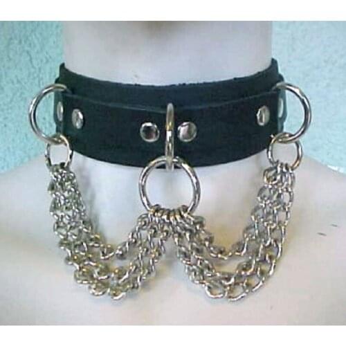 Women new Fashion Sexy Harajuku Handmade Leather Choker necklace Collar O-Round Spikes and Chain two layer torques goth