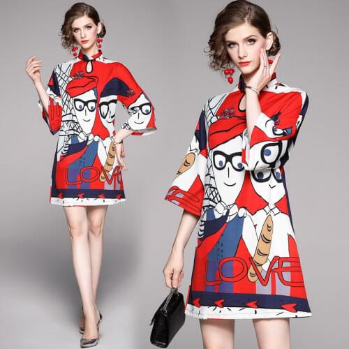 Fashion Designer Cartoon Printed Tshirt Dress Women Spring Three Quarter Sleeve Buckle Stand Collar Cheongsam A-Line Short Dress