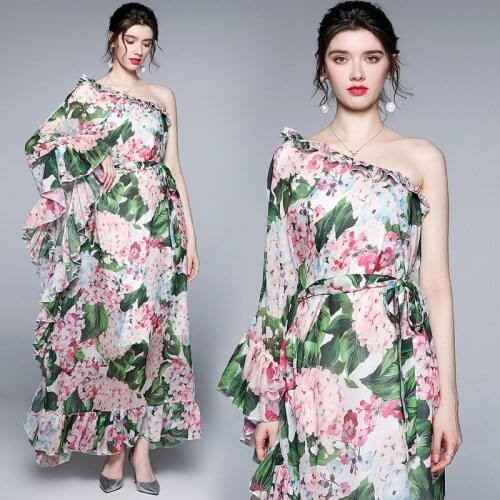 Summer Womens New Holiday Wind Ruffle Charming One-Shoulder Lace-up Printed Maxi Dress