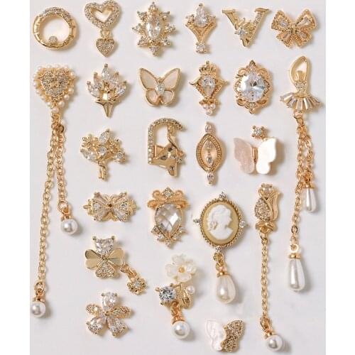 10pcs Luxury Bow Flower Chain Zircon Crystals Rhinestones Pearl Nail Art Jewelry Decorations Nails Accessories Charms Supplies